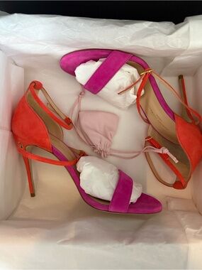 Fuchsia and Coral Suede Ankle-Strap Jennifer Chamandi Sandals